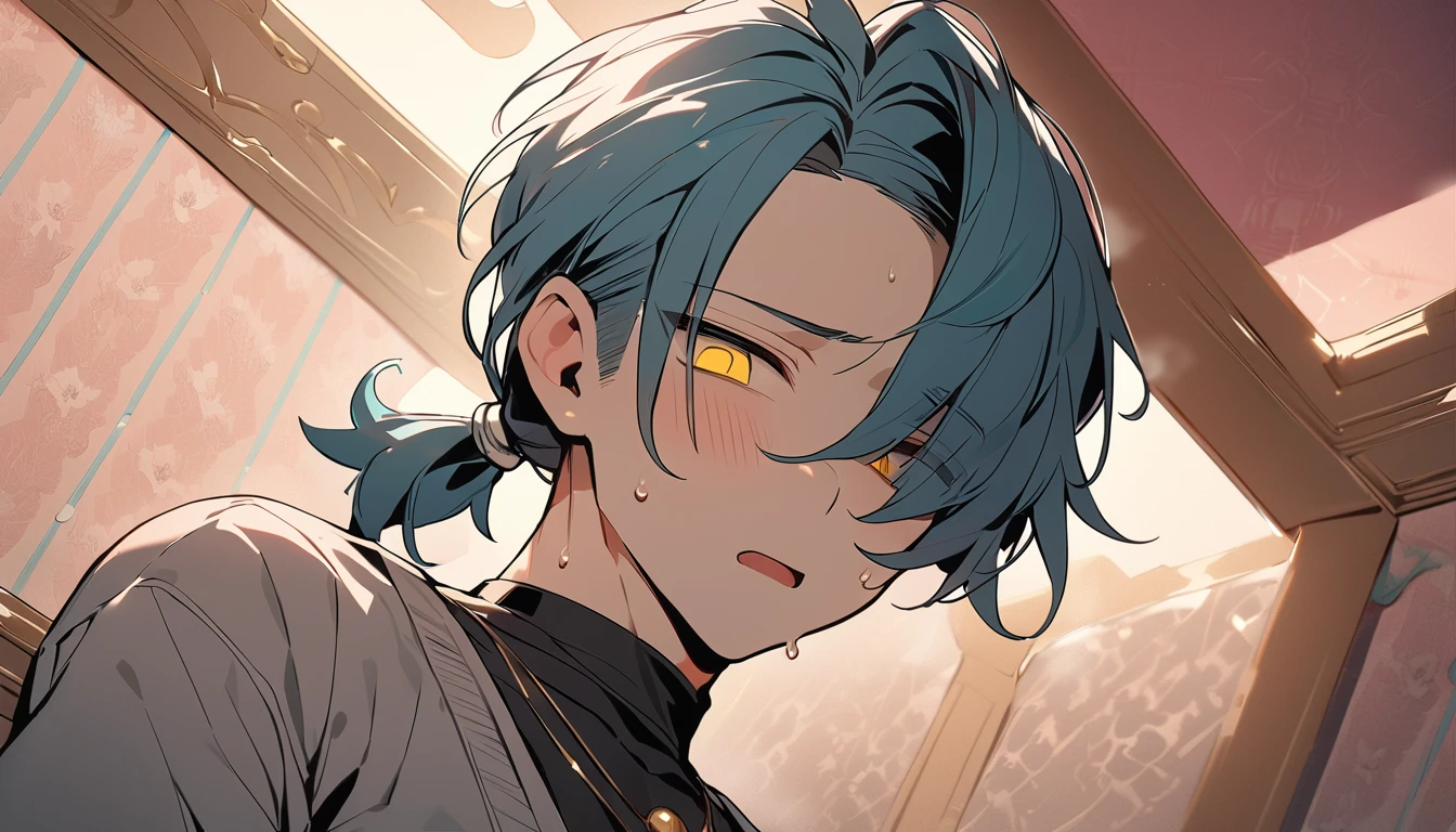 ((((best masterpiece, best quality, wallpaper,)))) solo, guy, male body, small muscles, flat chest, 1male, 30 years old, handsome man, dramatic angle, upper body, looking at viewers, beautiful detailed, mediumturquoise hair, ((((Lower short ponytail)))), asymmetrical bangs, ((short hair,)) blush stickers, sweat, ((( jitome, gold eyes, ^o^, tareme, droopy eyes,))) (((perfect face, extremely detailed eyes,))) perfect hands, sharp nose, clear face, black turtleneck, grey cardigan, ((silver piercing, pendant,)) leggings, pink background color ultrasharp, 8K, masterpiece,
