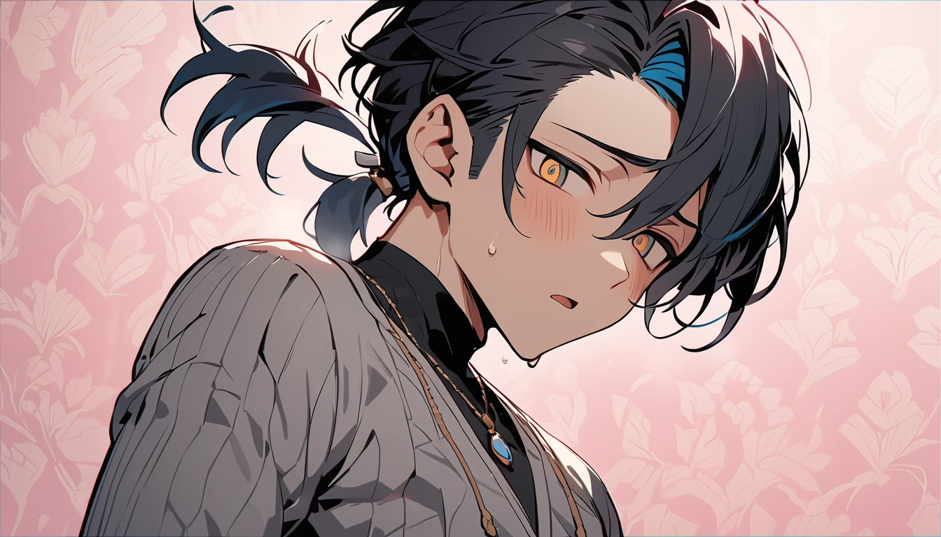 ((((best masterpiece, best quality, wallpaper,)))) solo, guy, male body, small muscles, flat chest, 1male, 30 years old, handsome man, dramatic angle, upper body, looking at viewers, beautiful detailed, mediumturquoise hair, ((((Lower short ponytail)))), asymmetrical bangs, ((short hair,)) blush stickers, sweat, ((( jitome, gold eyes, ^o^, tareme, droopy eyes,))) (((perfect face, extremely detailed eyes,))) perfect hands, sharp nose, clear face, black turtleneck, grey cardigan, ((silver piercing, pendant,)) leggings, pink background color ultrasharp, 8K, masterpiece,