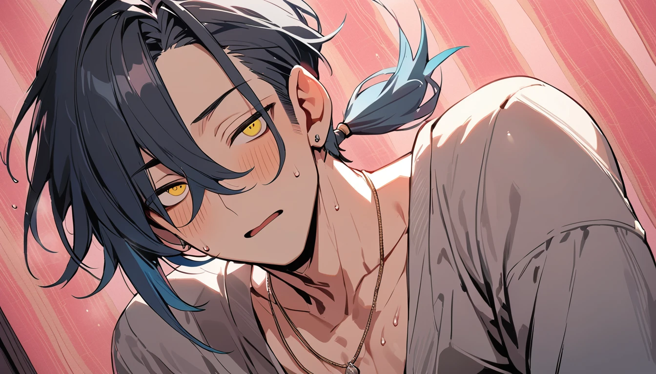 ((((best masterpiece, best quality, wallpaper,)))) solo, guy, male body, small muscles, flat chest, 1male, 30 years old, handsome man, dramatic angle, upper body, looking at viewers, beautiful detailed, mediumturquoise hair, ((((Lower short ponytail)))), asymmetrical bangs, ((short hair,)) blush stickers, sweat, ((( jitome, gold eyes, ^o^, tareme, droopy eyes,))) (((perfect face, extremely detailed eyes,))) perfect hands, sharp nose, clear face, black turtleneck, grey cardigan, ((silver piercing, pendant,)) leggings, pink background color ultrasharp, 8K, masterpiece,