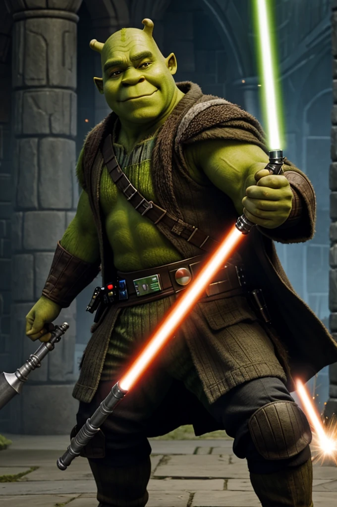 Create realistic video of Shrek being a Jedi fighting Darth Vader