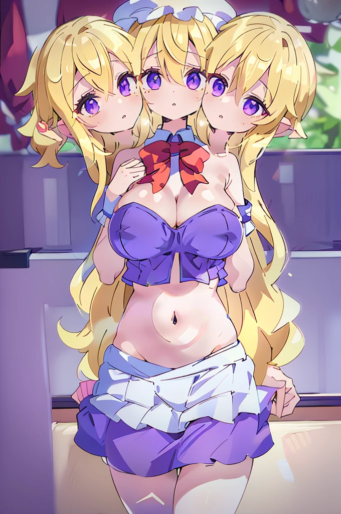 (masterpiece, best quality),best quality, (ultra-detailed), (3heads:1.5), 1girl, (maribel hearn:1.3), masterpiece, best quality, ultra quality, ultra resolution, ultra detail, purple top, crop top, ((stomach)), midriff, ((groin)), purple skirt, frilled skirt, miniskirt, normal ears, shackles, blonde hair, very long hair, wavy hair, sidelocks, purple eyes, parted lips, beautiful eyes, sweat, cute, toned belly, hand on own chest, eyelashes, (24 year old woman:1.3), (masterpiece:1.5), (best quality:1.5), (beautiful detailed extremely detailed CG, extremely delicate and beautiful, depth of field, (finely detailed face), (perfect details:1.3), (mature female:1.3), wide pelvis, slender, large veiny breast, 16k resolution, highres, high quality, high definition, extremely detailed, masterpiece, best quality, blonde hair, long hair, alluring presence, twin braid, short skirt, close up, very big tits, huge tits, young, mob cap, white headwear, red bow on hat, skirt hold, hair between the eyes, nsfw, open belly, midriff, cowboy shot, looking at viewer,