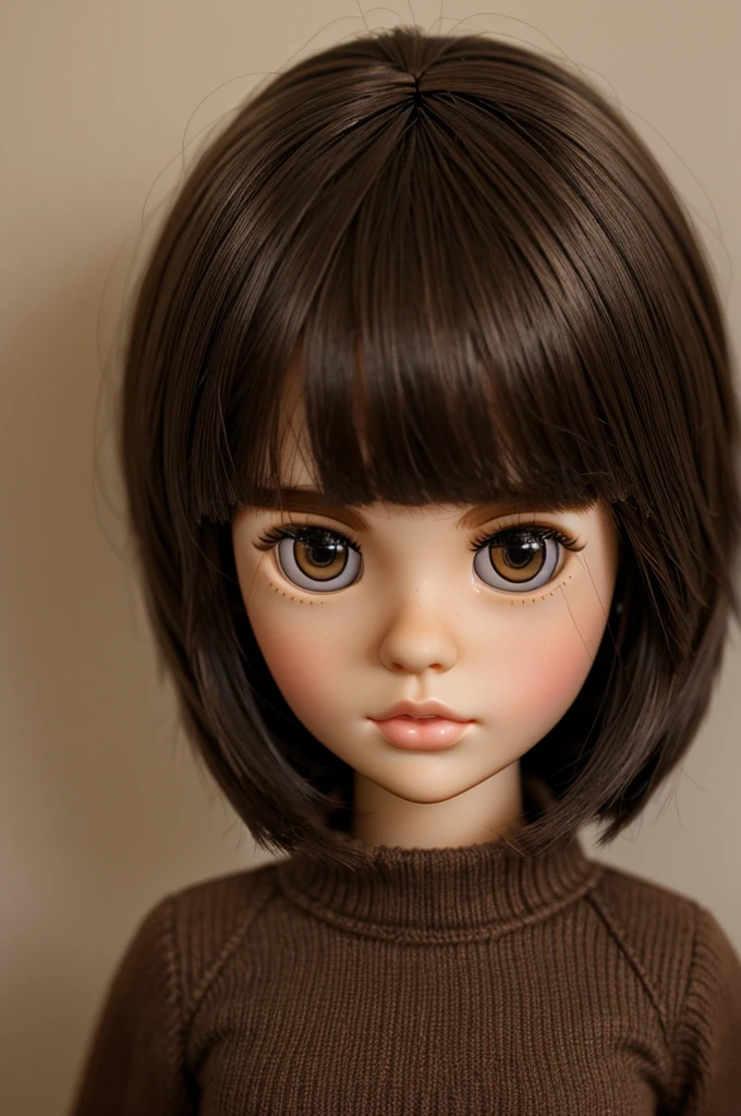 Make me a Blythe doll with big brown eyes Short dark brown hair and bangs