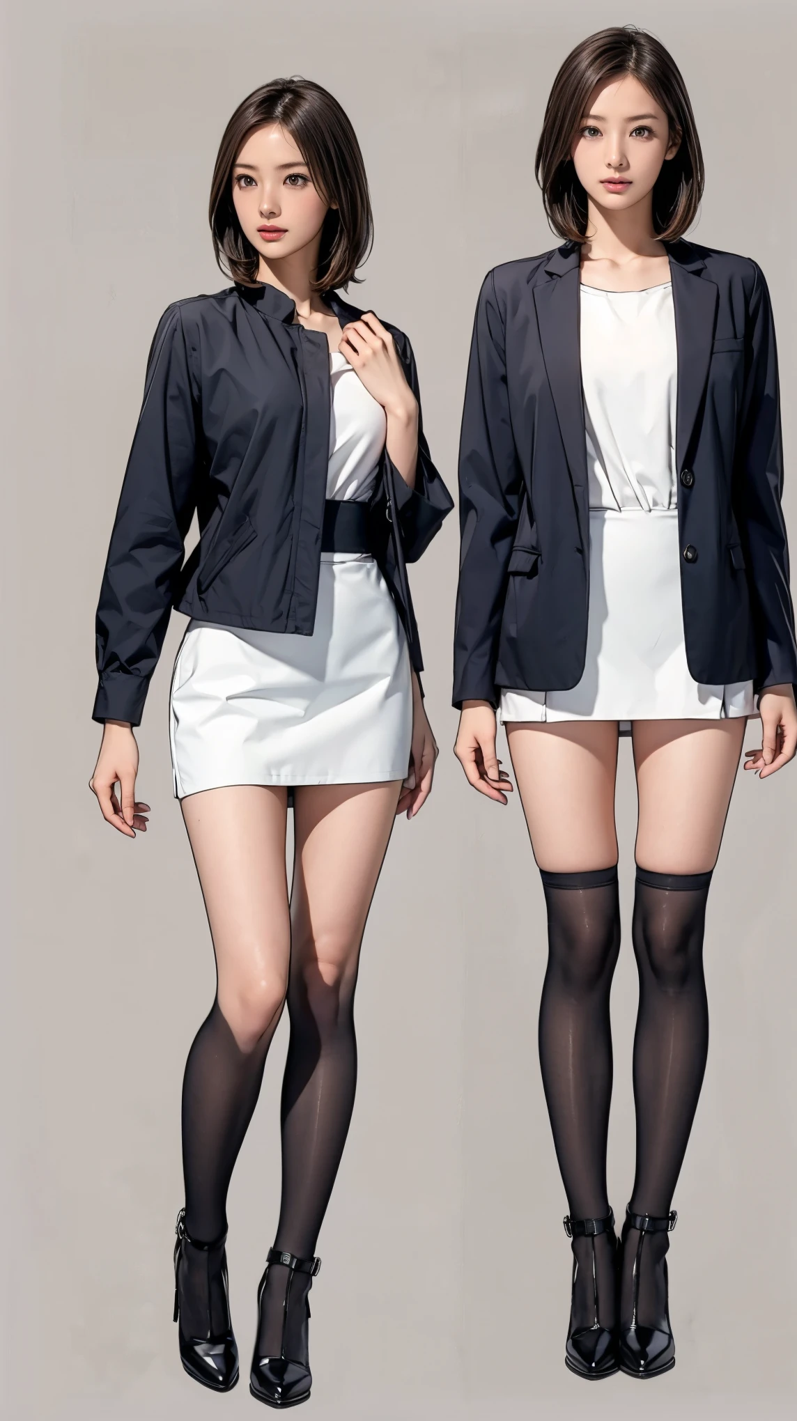 ((masterpiece)),(((Highest quality))),((Character design sheet)),Thin thighs,Long legs,Wearing a black jacket and white shirt、Wearing a super mini skirt,wear black tights,White panties exposed:1.5,Japanese women leaving the nest,Emi with long black hair:1.3), (Light brown hair:1.3), high waist,Wear black high heels,background is gray,whole body