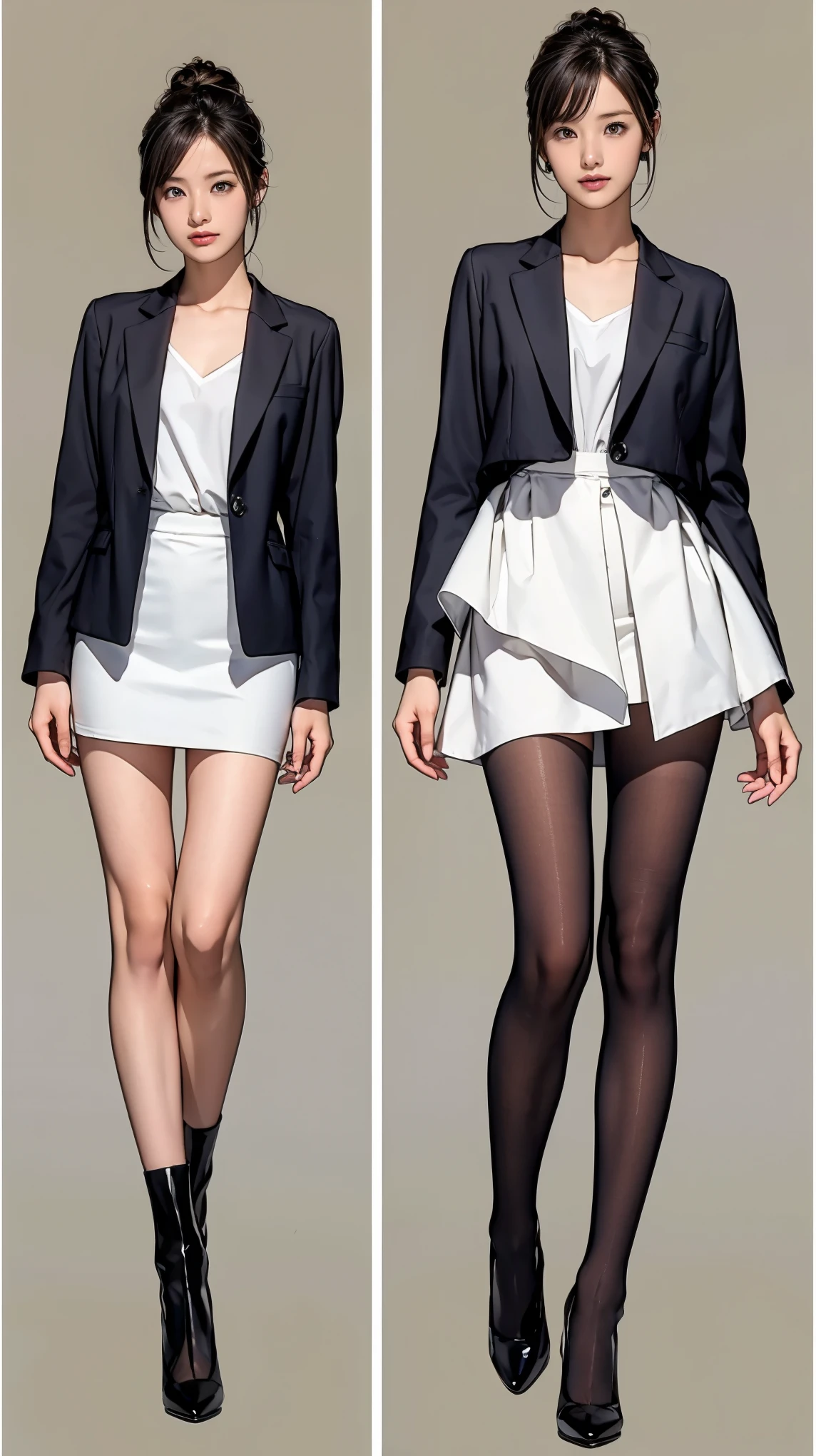 ((masterpiece)),(((Highest quality))),((Character design sheet)),Thin thighs,Long legs,Wearing a black jacket and white shirt、Wearing a super mini skirt,wear black tights,White panties exposed:1.5,Japanese women leaving the nest,Emi with long black hair:1.3), (Light brown hair:1.3), high waist,Wear black high heels,background is gray,whole body
