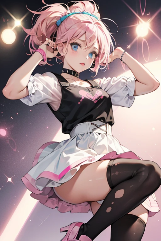 1girl, white hair, short twintails, disgusted, embarassed, creeped out look, small tears in eyes, pink eyes, wearing plain black shirt, revealing pink skirt, white panties, black leggings, bedroom, absurdres, high res, ultrasharp, 8K, masterpiece, looking at viewer, no hat, look from below