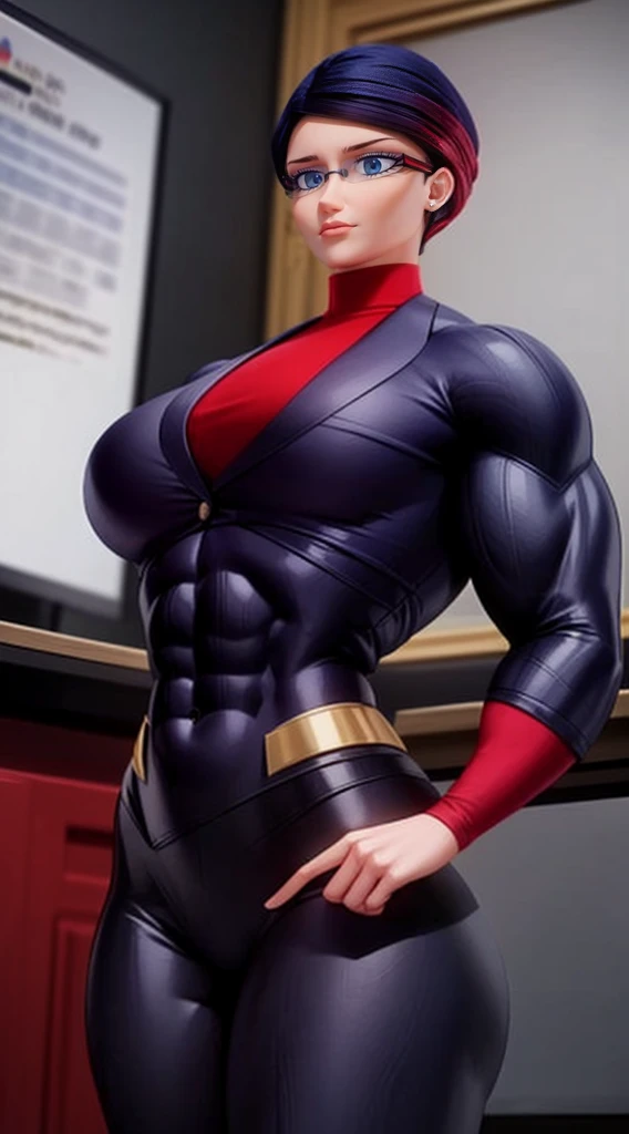 a muscular female bodybuilder in (( red bra inside (office suit) and her hair is (gradient of dark blue and red) from end to the right side of head)), detailed face, beautiful detailed eyes, beautiful detailed lips, ((extremely detailed face and muscles)), long eyelashes, strong muscles bulging through suit, dynamic pose, professional studio lighting, hyperrealistic, 8k, high quality, photorealistic, physically-based rendering, concept art, dramatic color palette,((abs)).