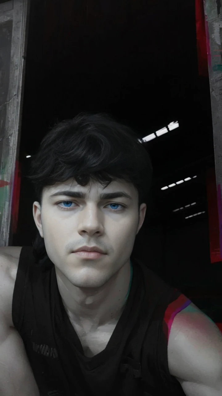 masterpiece, best quality:1.4), portrait Solo, Handsome man, european, blue eyes, black hair, long black hair, pony tail, pale skin, casual clothes, serious eyes,