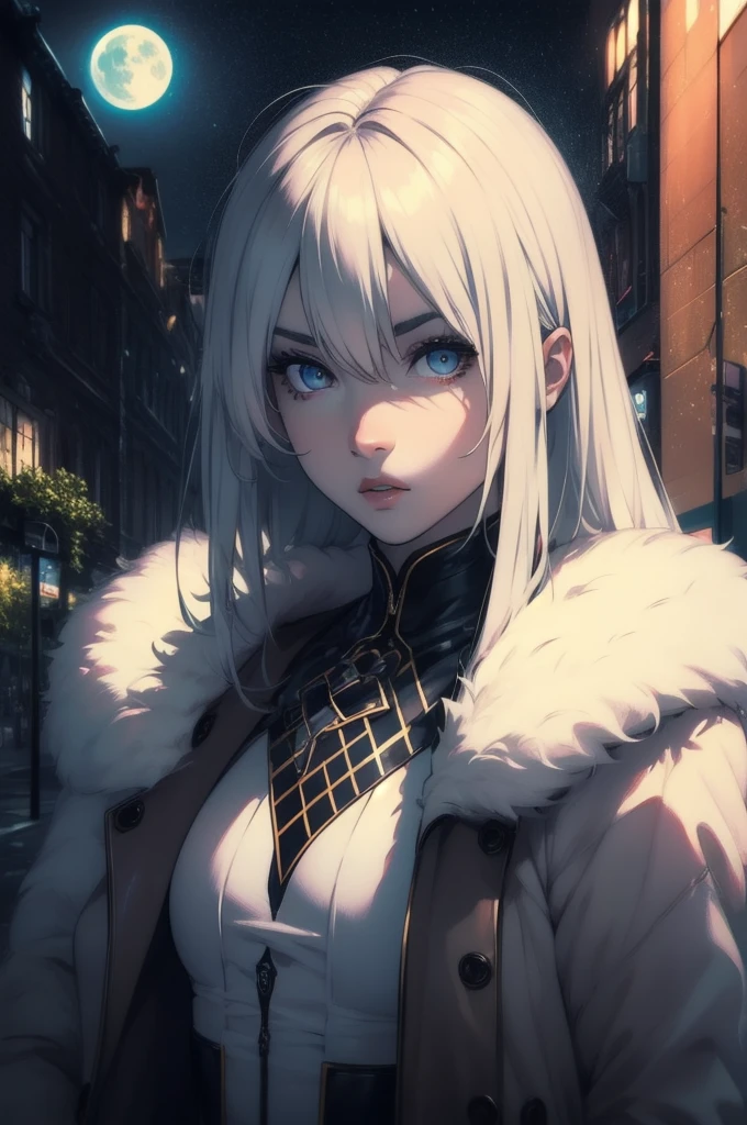 masterpiece, Highest quality, (alone focus), (Perfect Face:1.1), (High detail:1.1), (Ultra-detailed eyes), dramatic, 1 person, (Pale skin), Long white hair, Psychic Eyes, (Thin eyebrows), alone, Long Hair, Tiago Azevedo, moon, night, White luxury suit, Pouting, fur, Proud look,garden, Detailed Background, Art by artgerm, Cinema Lighting, rose, fashion, Balenciaga Style