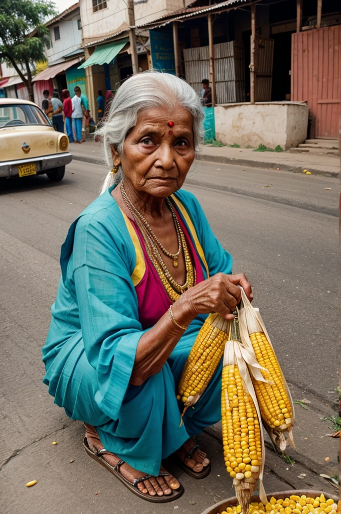 indian poor old lady selling corn in street lots of people staring at her