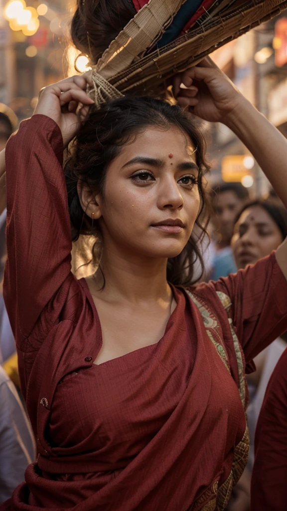 Old India, many Brahmins are dragging a 25 year old widow girl by her hair in front of everyone, mornig outdoor, cinematic, girl crying 