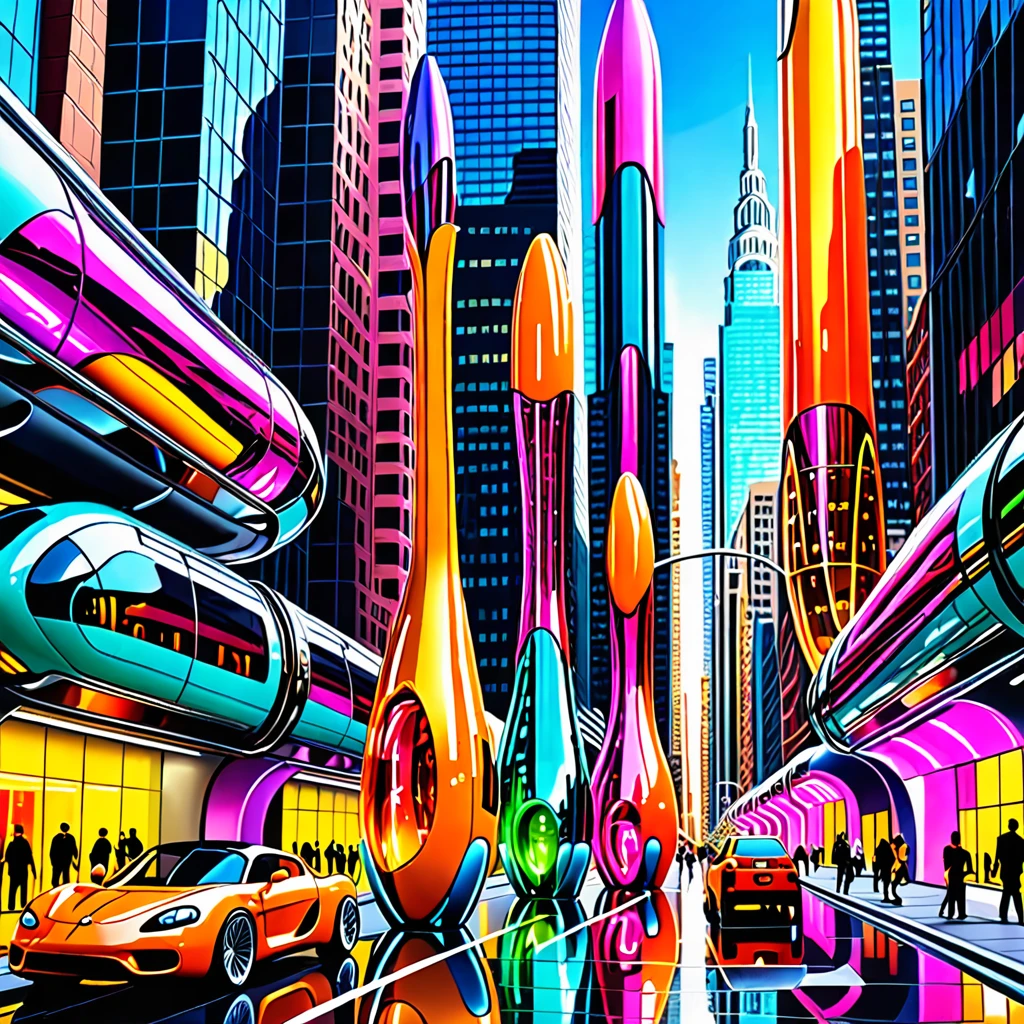 A great futuristic metropolitan made of glass and steel where tall buildings are shaped liked dildos and vehicles are individual ????? with wheels and windows moving down the streets. Tunnels look like vaginas. Hyper realistic, vibrant colors, 16k