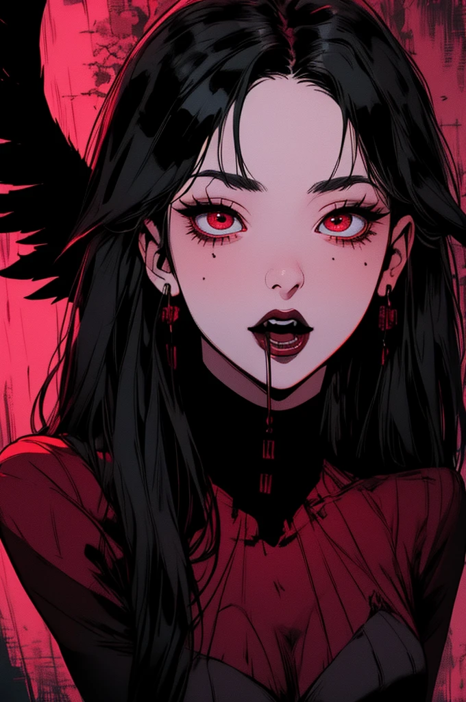 (Best quality,4K,8K,A high resolution,Masterpiece:1.2),Ultra-detailed,Beautiful detailed eyes,Long black hair,Red eyes,Black wings,[Demon wings],Extremely detailed eyes and face,[Black gloves],demon,[Red dress],dark scenery,sportrait,Colorful lighting,Sharp focus,Vivid colors，full bodyesbian, her mouth open.