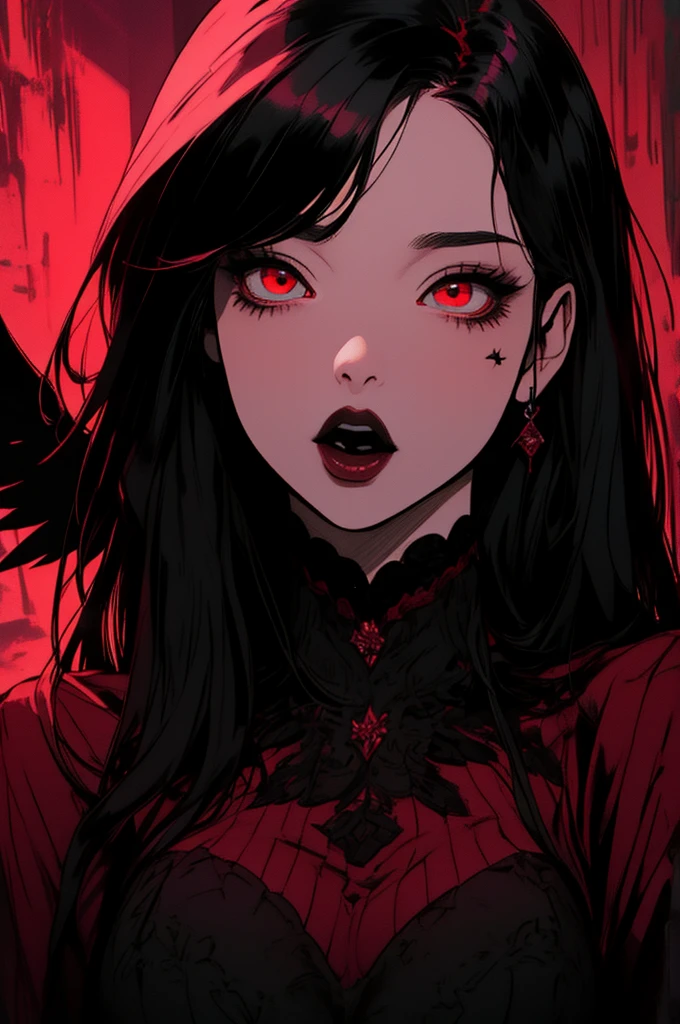 (Best quality,4K,8K,A high resolution,Masterpiece:1.2),Ultra-detailed,Beautiful detailed eyes,Long black hair,Red eyes,Black wings,[Demon wings],Extremely detailed eyes and face,[Black gloves],demon,[Red dress],dark scenery,sportrait,Colorful lighting,Sharp focus,Vivid colors，full bodyesbian, her mouth open.