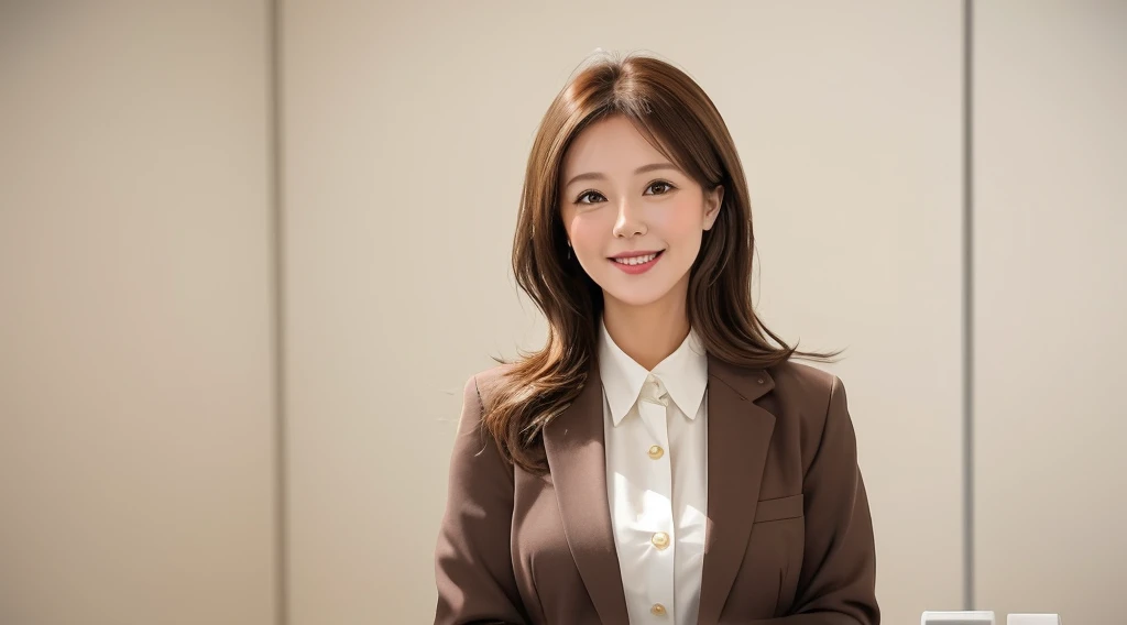 Generate an image of a cute and charming office lady with light brown hair. She is dressed in stylish office casual attire, wearing a warm and welcoming smile. The background is a clean and white office setting, creating a professional yet relaxed atmosphere. Pay attention to the details of her light brown hair and the office casual outfit, and convey the positive and approachable demeanor of a delightful office professional