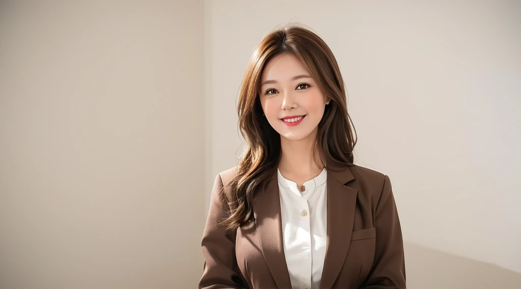 Generate an image of a cute and charming office lady with light brown hair. She is dressed in stylish office casual attire, wearing a warm and welcoming smile. The background is a clean and white office setting, creating a professional yet relaxed atmosphere. Pay attention to the details of her light brown hair and the office casual outfit, and convey the positive and approachable demeanor of a delightful office professional