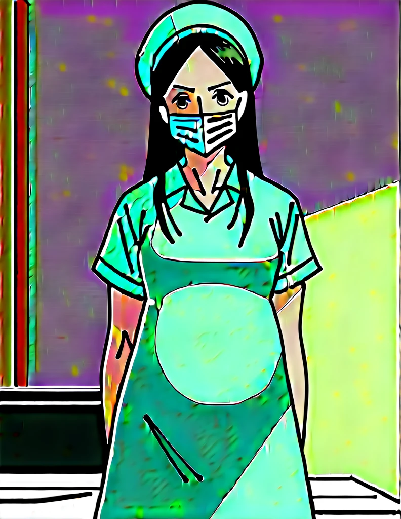 score_9,  score_8_up, score_7_up, source_anime, kasuganoray, pale skin, shy eyes, black long hair, scrubs, surgical mask, green surgical cap, green surgical gown,
1girl, pregnant, solo, rubber gloves, clipboard, looking down, furrowed brow, privacy screen, hospital bed, standing
