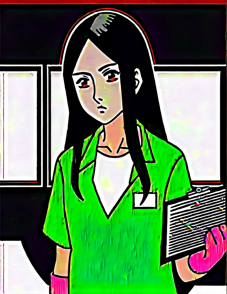 score_9,  score_8_up, score_7_up, source_anime, kasuganoray, pale skin, shy eyes, black long hair, scrubs, surgical mask, green surgical cap, green surgical gown,
1girl, pregnant, solo, rubber gloves, clipboard, looking down, furrowed brow, privacy screen, hospital bed, standing