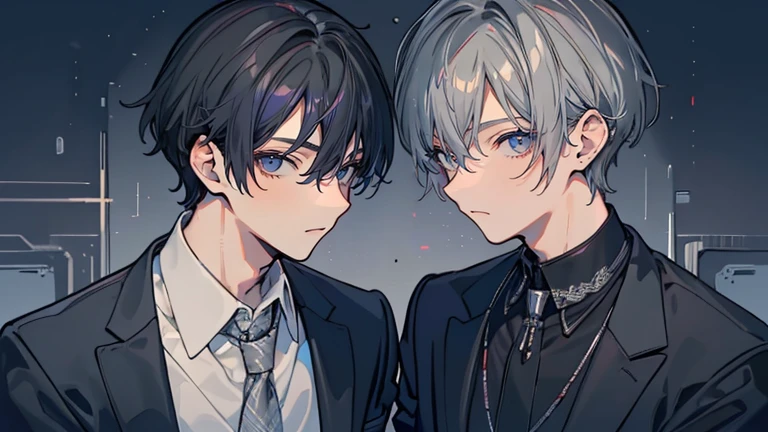 (masterpiece), (Highest quality), Very detailed, ((Two friendly men)), Perfect Face, Beautiful Face, Very detailed顔,(Black Haired Man:1.3),(Grey-haired man:1.3),suit,shirt
