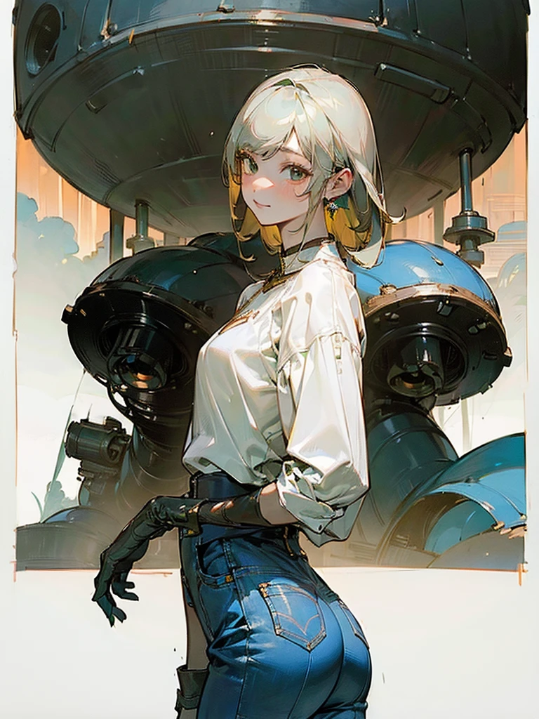 ((((work of art)))), Cao Cao quality, lots_Cao Cao_resolution, big fit ass_file size, full color, steam punk featuring a futuristic planet,, in a distant forest, bustling alien markets, and an off-road bike. The protagonist is a stunning girl in the upper body, 1 person, blonde, 小柄, bob, silver smile, mechanized weapons. wearing a white blouse, distressed denim shorts, engineer boots, and riding an off-road bike.  Beauthfull,