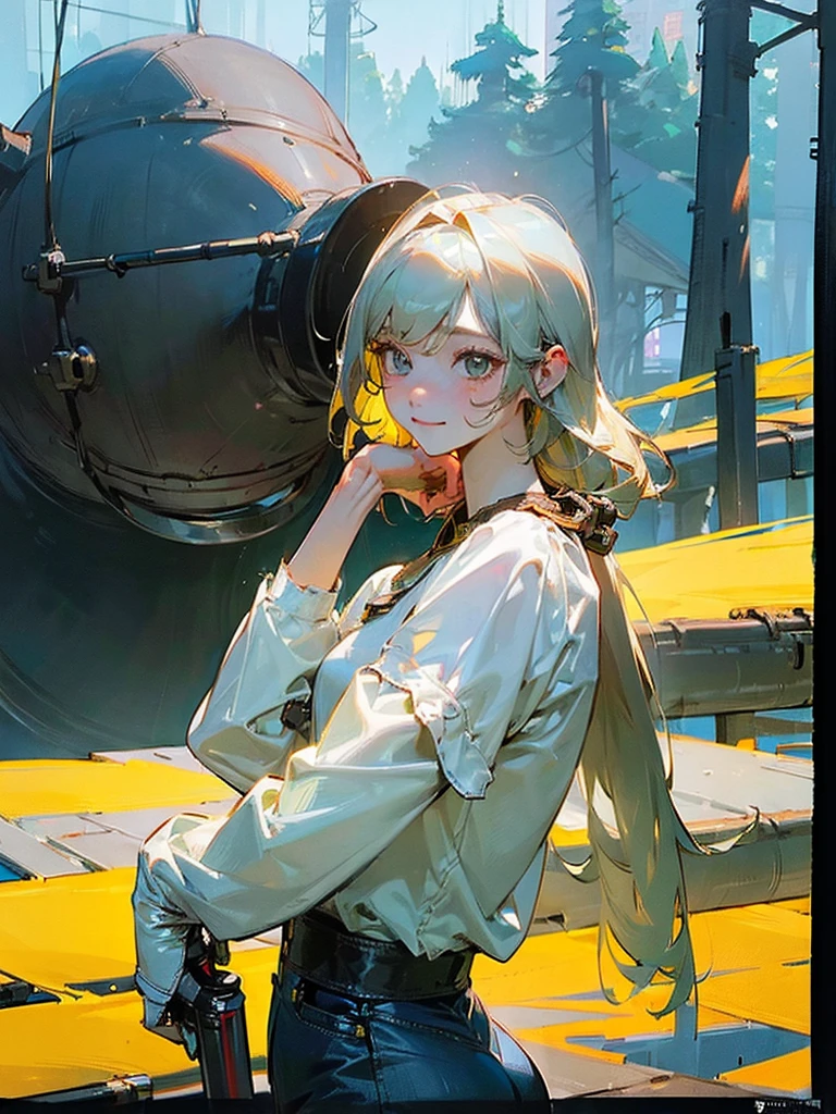 ((((work of art)))), Cao Cao quality, lots_Cao Cao_resolution, big fit ass_file size, full color, steam punk featuring a futuristic planet,, in a distant forest, bustling alien markets, and an off-road bike. The protagonist is a stunning girl in the upper body, 1 person, blonde, 小柄, bob, silver smile, mechanized weapons. wearing a white blouse, distressed denim shorts, engineer boots, and riding an off-road bike. Beauthfull,