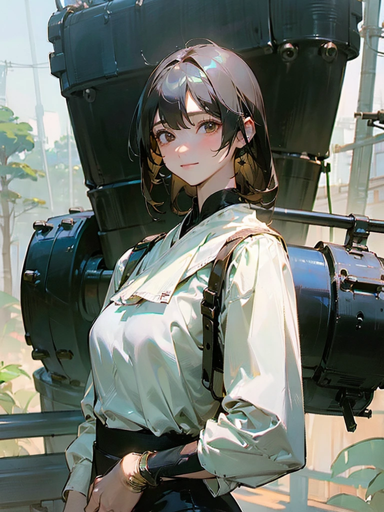 ((((work of art)))), Cao Cao quality, lots_Cao Cao_resolution, big fit ass_file size, full color, steam punk featuring a futuristic planet,, in a distant forest, bustling alien markets, and an off-road bike. The protagonist is a stunning girl in the upper body, 1 person, blonde, 小柄, bob, silver smile, mechanized weapons. wearing a white blouse, distressed denim shorts, engineer boots, and riding an off-road bike.  Beauthfull,