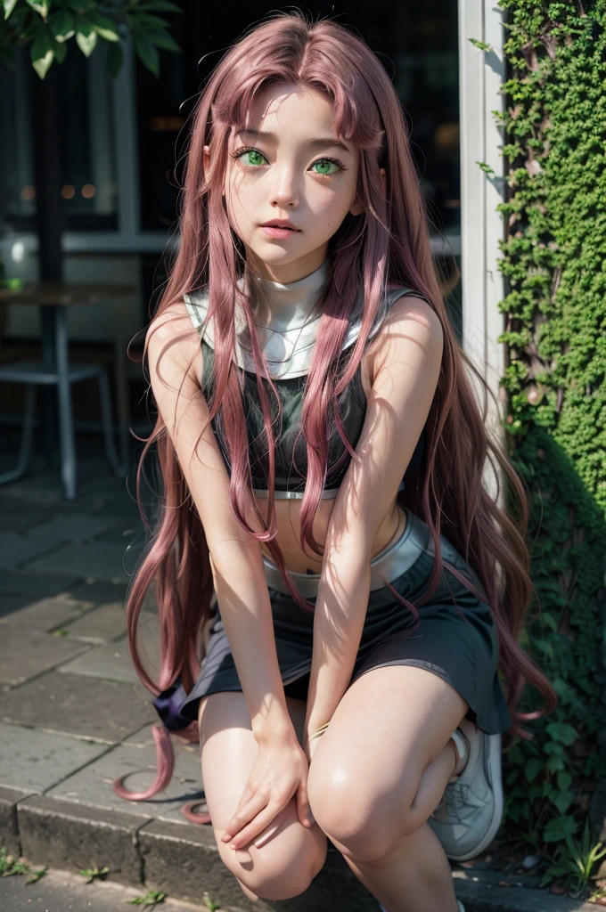 adolescent, dark pink hair, green eyes , long wavy hair, naive expression, realist, whole body 