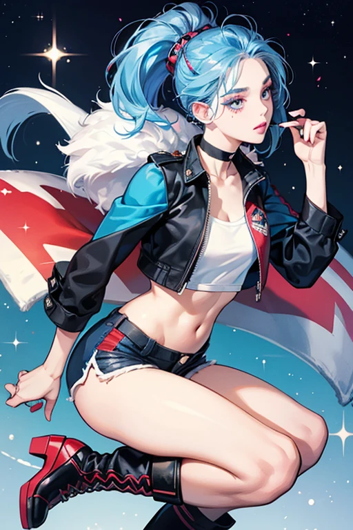 Cheeky Babe has pale skin, blue eyebrows, dark blue eyes, pink lips, and a beauty mark over the right side of her mouth. She has blue hair flipped to one side with lighter blue streaks, and it is red on the shaved side. She wears a studded black choker, and a crop top with a Union Jack on it. She has silver short-shorts and red high boots. SPARKLE; GLITTER