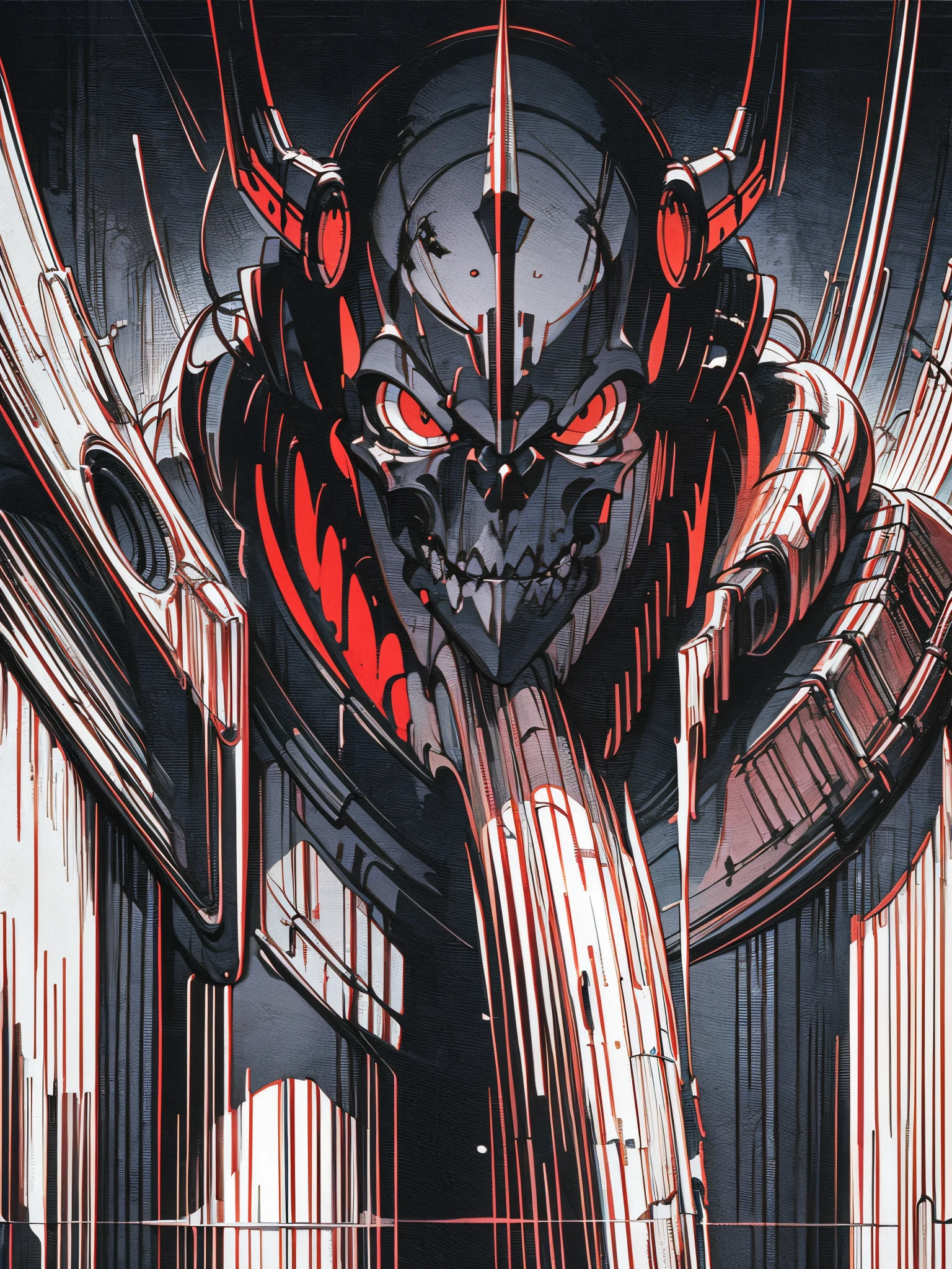 cyberpunk, monochromatic, skull helm, berserk, dark, skull knight, red eyes, detailed head, detailed teeth, more texture,
