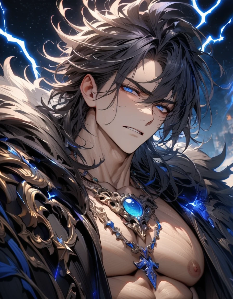 absurdres, highres, ultra detailed, HDR, master piece, best quality, Luka, black hair, messy hair windswept, expressive blue eyes, Demon Sorrow, solo, sexy man, handsome, manly face, black cape with fur, necklace, blue lightning, fantasy, blue small orbs, starry sky background