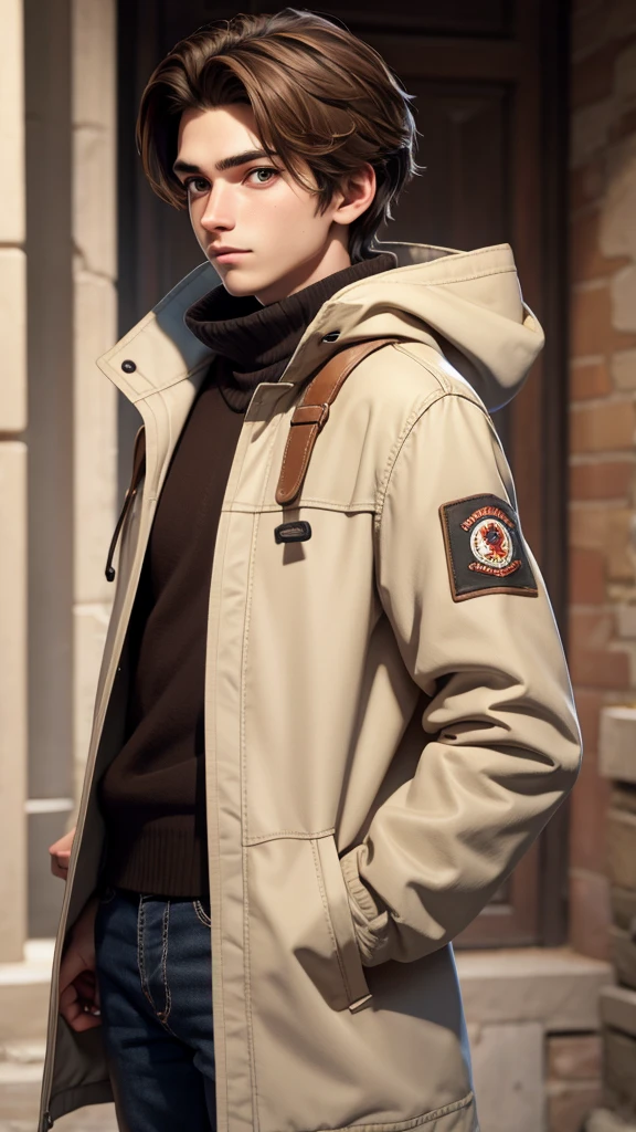 18 year old male, short brown hair, white parka coat, Brown eye color