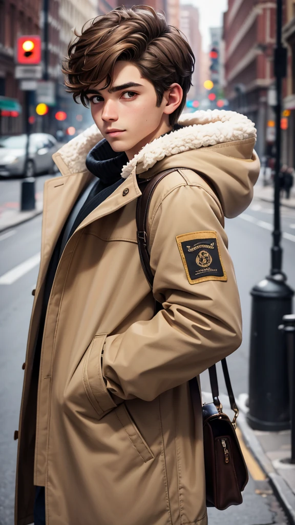 18 year old male, short brown hair, white parka coat, Brown eye color 