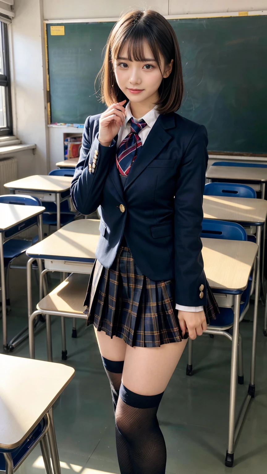 (8K, RAW Photos, Highest quality, masterpiece:1.2), masterpiece, super detailed, super high quality, (Realistic and photorealistic photography:1. 37), High-resolution RAW color photos, Very delicate and beautiful, highly detailed, 8k wallpaper, wonderful, detailed, Very eye, very detailed, very detailed skin, very thin fingers, very detailed nose, very detailed mouth, Perfect Anatomy, BREAK,18 year old girl, short bob hair, huge breasts, (colossal tits:1.1), very huge round breasts, (perfect body shape:1.1), Big Natural Color Lip, cute type, lolita, (Details High quality, realistic depiction of eyes:1.3), Harajuku style, Beautiful makeup, glitter makeup, BREAK, High school girl uniform, blazer, Super Short Check Uniform Skirt, Navy blue high socks, Disturbed uniform, BREAK, (High School Classroom:1.2), bold sexy pose, hposing Gravure Idol, full body photo