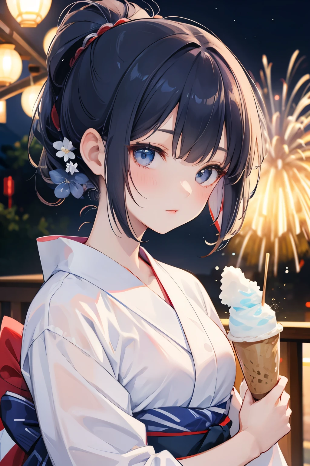 woman、Hair tied up、Straight Bangs、High resolution、Summer festival、Navy blue yukata、shaved ice、firework