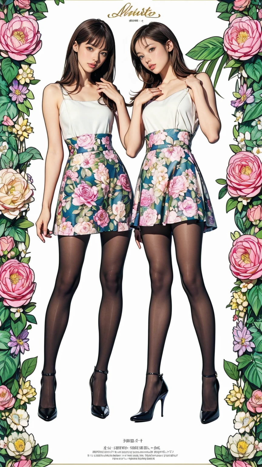 ((masterpiece)),(((Highest quality))),((Character design sheet)),Thin thighs,Long legs,whole body:1.5，(One Girl:1.3),(Black pantyhose and thick pointy heels：1.3),(Wearing a floral and plant patterned  dress:1.2),Short blonde:1.2、Model pose，Floral and botanical background:1.5，