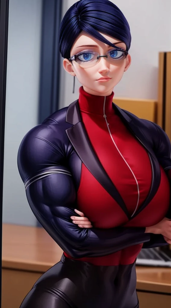 a muscular female bodybuilder in (( red bra inside (office suit) and her hair is (gradient of dark blue and red) from end to the right side of head)), detailed face, beautiful detailed eyes, beautiful detailed lips, ((extremely detailed face and muscles)), long eyelashes, strong muscles bulging through suit, dynamic pose, professional studio lighting, hyperrealistic, 8k, high quality, photorealistic, physically-based rendering, concept art, dramatic color palette,((abs)).