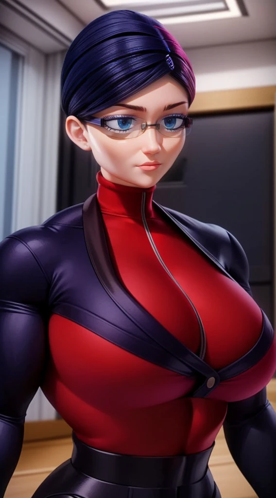 a muscular female bodybuilder in (( red bra inside (office suit) and her hair is (gradient of dark blue and red) from end to the right side of head)), detailed face, beautiful detailed eyes, beautiful detailed lips, ((extremely detailed face and muscles)), long eyelashes, strong muscles bulging through suit, dynamic pose, professional studio lighting, hyperrealistic, 8k, high quality, photorealistic, physically-based rendering, concept art, dramatic color palette,((abs)).