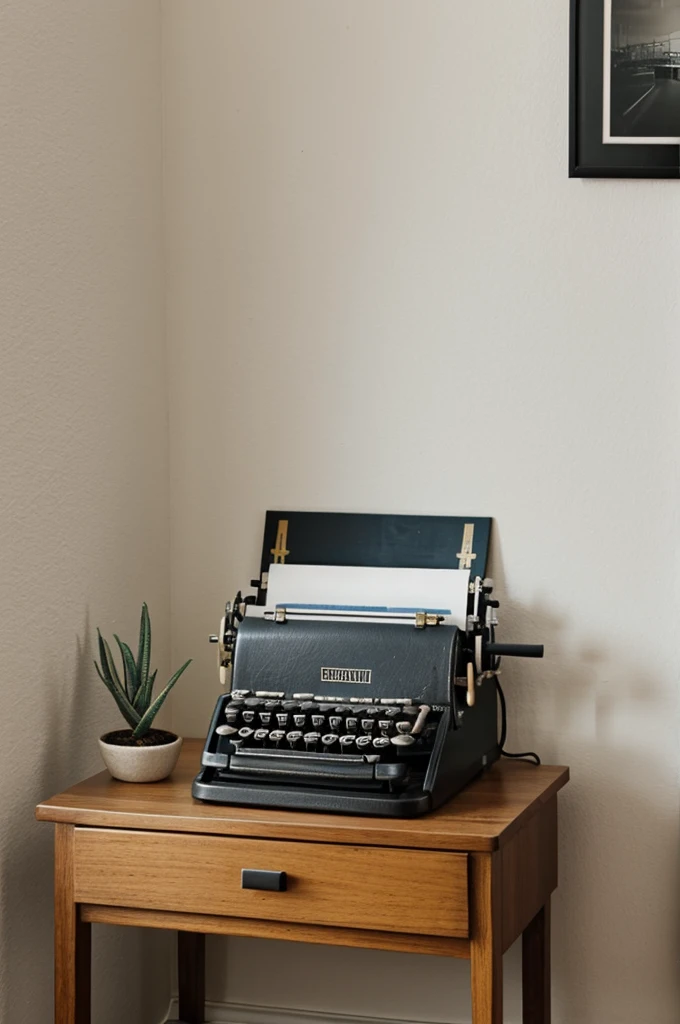 Small table against the wall with typewriter and a nightstand