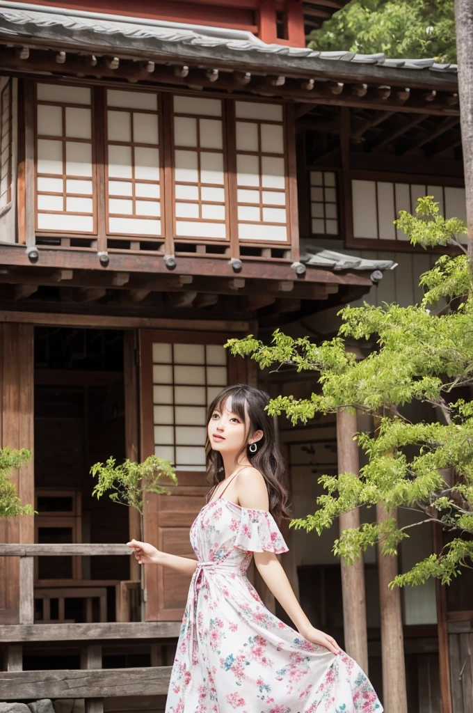 The image shows、A beautiful Japanese girl is shown。she伝統的な雰囲気を持つ建物を背景にして立っています。The building is made of wood、The green vegetation is lush、Red lanterns are hung in a row。The windows and balconies of the building have yellow frames.、The overall color tone is warm and attractive.。Behind her are people who appear to be tourists.々Also seen、You can see that this place is a popular tourist destination.。she、She is wearing a light white dress with blue and pink floral print.。This dress is、Thin straps go over the shoulder、Deep open chest design、It accentuates her beautiful feminine curves.。The floral pattern on the dress、It blends in with the traditional Japanese architecture in the background.、It makes the beautiful girl's presence stand out even more.。Her face is very pretty、Her big eyes are as lively as those of an anime character.。Her hairstyle is simple and long.、My bangs are hanging over my forehead。She has big earrings on her ears、accessoriesが彼女の顔をさらに引き立てています。The earrings are set with blue stones.、It matches beautifully with the floral pattern of the dress.。Her expression is soft、Gives a calm and friendly impression。It looks like he's smiling a little、Gives the viewer a relaxing feeling。Her posture is relaxed、I have one hand on the wooden railing。This pose is natural、It blends in with the traditional atmosphere of the background.。The building in the background、It is decorated with colorful lanterns and green plants.、Highlights traditional Japanese beauty。The details of the building、You can see the traditional Japanese architecture.、You can feel the history and culture。Tourists in the background、It seems that they are enjoying the charm of the building.、The lively atmosphere is conveyed。From this whole image、A fusion of traditional Japanese beauty and modern beauty、It's a very fascinating scene。The beauty of a beautiful girl、The background scenery becomes one、Make a strong impression on the viewer。Her fashion、accessories、And the background is perfectly harmonized.、It's like a beautiful painting.。