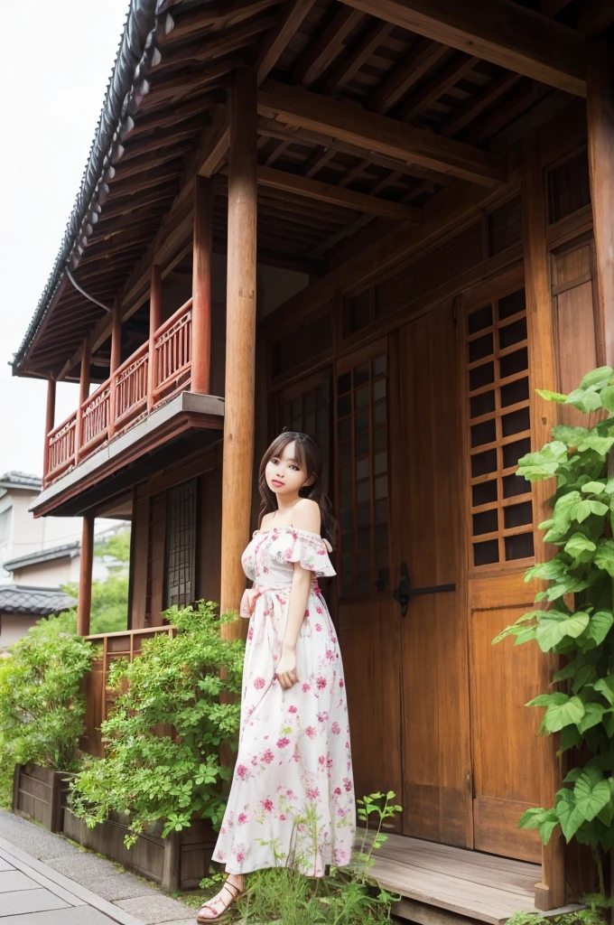 The image shows、A beautiful Japanese girl is shown。she伝統的な雰囲気を持つ建物を背景にして立っています。The building is made of wood、The green vegetation is lush、Red lanterns are hung in a row。The windows and balconies of the building have yellow frames.、The overall color tone is warm and attractive.。Behind her are people who appear to be tourists.々Also seen、You can see that this place is a popular tourist destination.。she、She is wearing a light white dress with blue and pink floral print.。This dress is、Thin straps go over the shoulder、Deep open chest design、It accentuates her beautiful feminine curves.。The floral pattern on the dress、It blends in with the traditional Japanese architecture in the background.、It makes the beautiful girl&#39;s presence stand out even more.。Her face is very pretty、Her big eyes are as lively as those of an anime character.。Her hairstyle is simple and long.、My bangs are hanging over my forehead。She has big earrings on her ears、accessoriesが彼女の顔をさらに引き立てています。The earrings are set with blue stones.、It matches beautifully with the floral pattern of the dress.。Her expression is soft、Gives a calm and friendly impression。It looks like he&#39;s smiling a little、Gives the viewer a relaxing feeling。Her posture is relaxed、I have one hand on the wooden railing。This pose is natural、It blends in with the traditional atmosphere of the background.。The building in the background、It is decorated with colorful lanterns and green plants.、Highlights traditional Japanese beauty。The details of the building、You can see the traditional Japanese architecture.、You can feel the history and culture。Tourists in the background、It seems that they are enjoying the charm of the building.、The lively atmosphere is conveyed。From this whole image、A fusion of traditional Japanese beauty and modern beauty、It&#39;s a very fascinating scene。The beauty of a beautiful girl、The background scenery becomes one、Make a strong impression on the viewer。Her fashion、accessories、And the background is perfectly harmonized.、It&#39;s like a beautiful painting.。