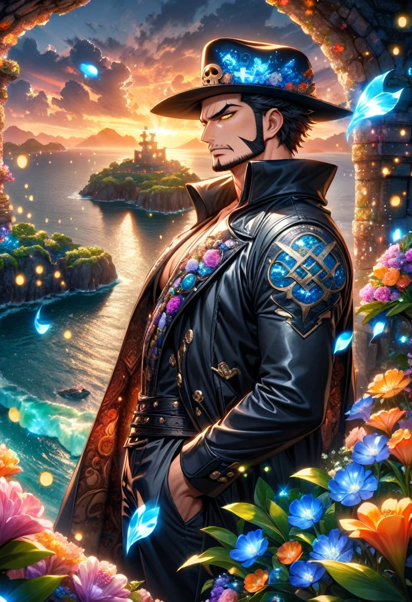 absurdres, highres, ultra detailed, HDR, master piece, Mihawk, black hair, expressive yellow eyes, cross, black hat, One Piece, sexy man, handsome, best quality, sunset, petals, flowers, fantasy, magical, solo, black coat, island, green leaves, water, blue shining fireflies,