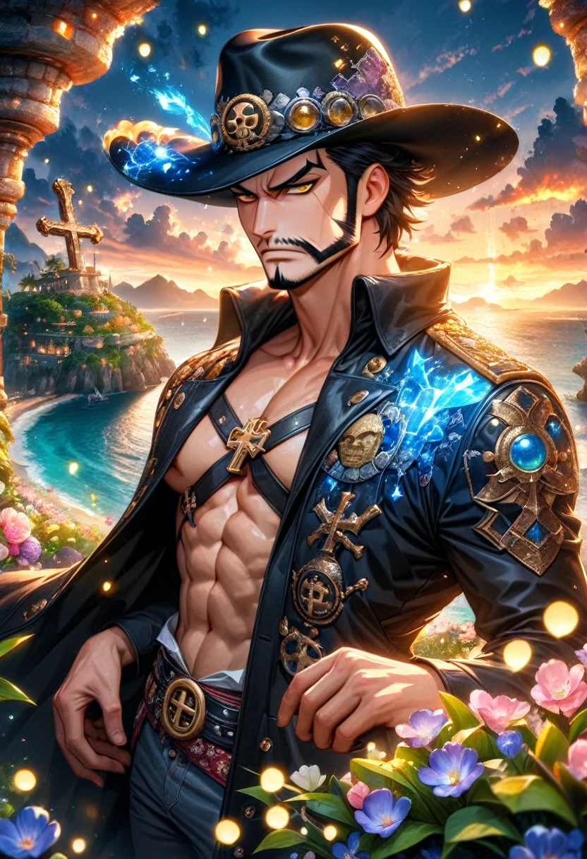 absurdres, highres, ultra detailed, HDR, master piece, Mihawk, black hair, expressive yellow eyes, cross, black hat, One Piece, sexy man, handsome, best quality, sunset, petals, flowers, fantasy, magical, solo, black coat, island, green leaves, water, blue shining fireflies,