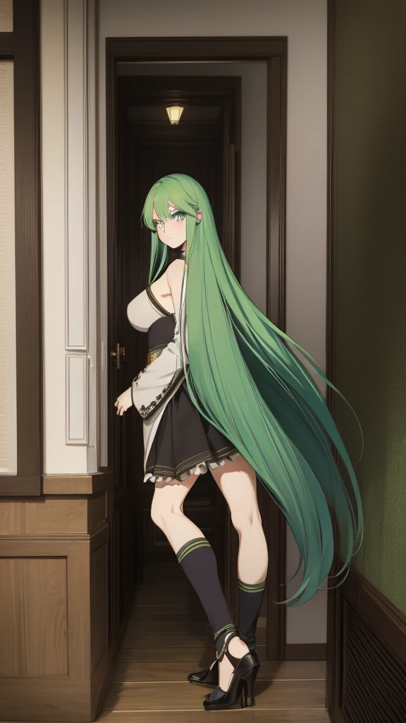 Anime woman with long green hair, looking around corner, blushing