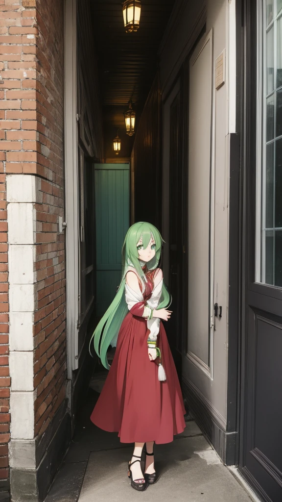 Anime woman with long green hair, looking around corner, blushing