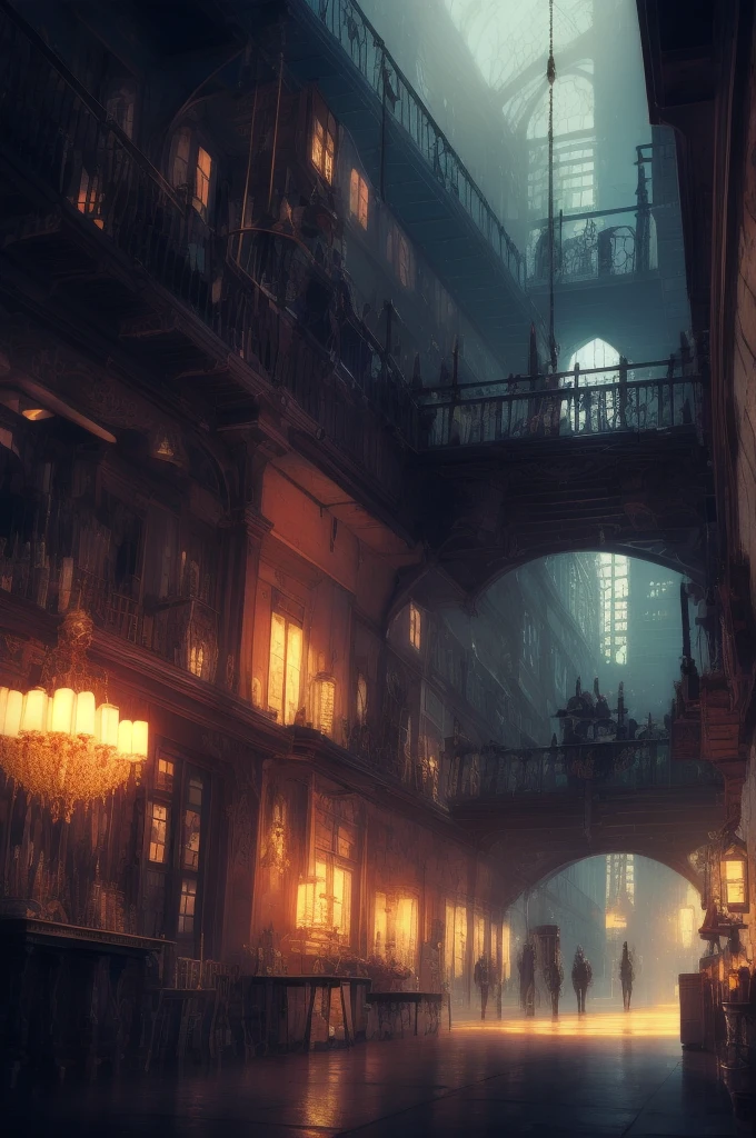 There is a large room with plenty of lighting and many tables., Steampunk Factory Background, Matte painting of steam machinery, Lighting with a fantastic atmosphere, steampunk Concept Art, Steampunk setting, Dramatic lighting. Concept Art, In the steampunk laboratory, Inspired by Victorian science fiction, 3D rendered steampunk, Theme: Steampunk, Golden steampunk city atmosphere, Concept Art stunning atmosphere