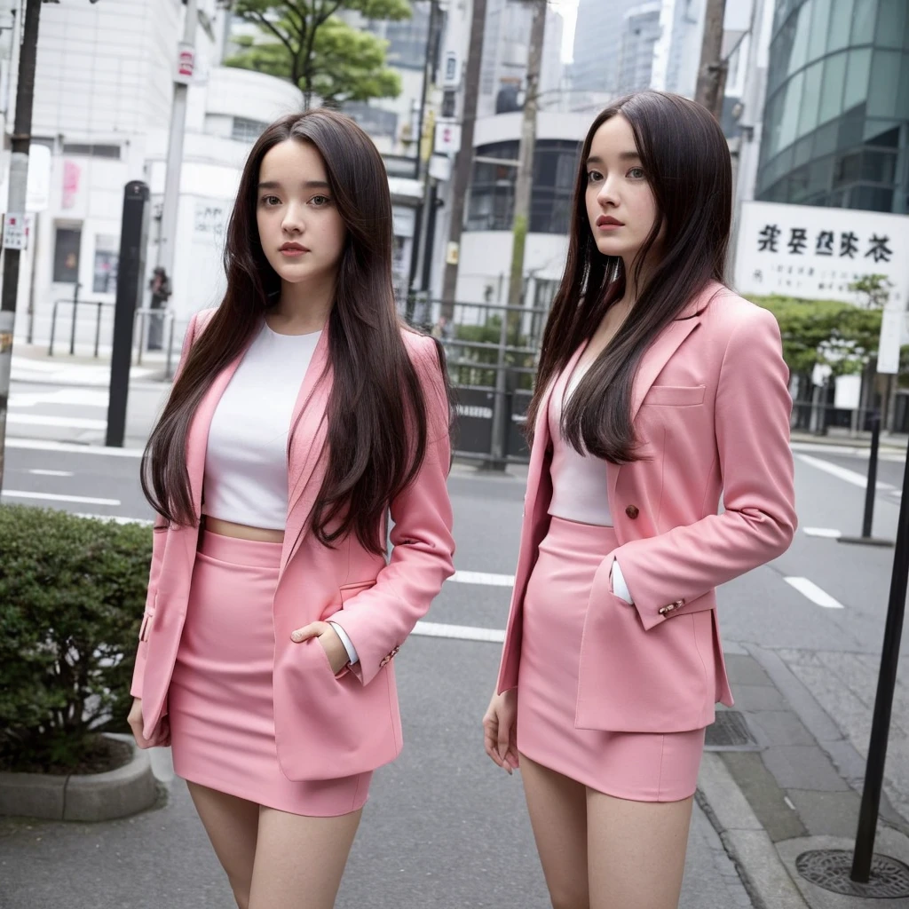 Front view,1 girl,solo,(((Anne-Marie Alto))) ,long hair, wear a tight pink suit, tight skirt ,(short skirt),looking at camera,25 years old, in the Tokyo city