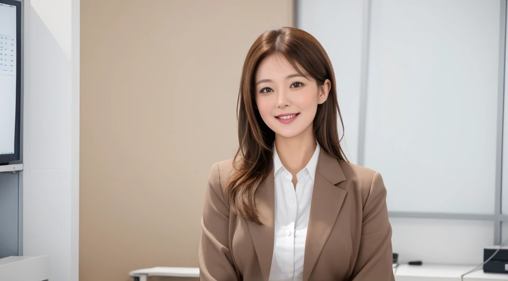 Generate an image of a cute and charming office lady with light brown hair. She is dressed in stylish office casual attire, wearing a warm and welcoming smile. The background is a clean and white office setting, creating a professional yet relaxed atmosphere. Pay attention to the details of her light brown hair and the office casual outfit, and convey the positive and approachable demeanor of a delightful office professional