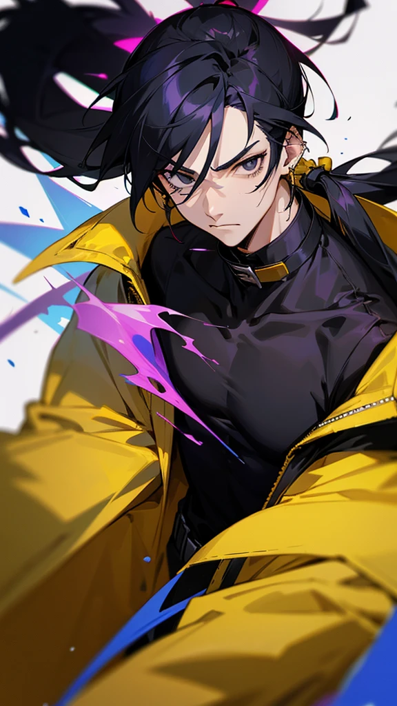 Male character with black hair with a half ponytail and a black eyes u. Black collar, black shirt, anime style, manga style and long hair that is from an anime drawing. With a black shirt with yellow earrings and a yellow jacket and with blood, a lot of blood on his face, a jacket without long sleeves. That he has a purple aura all over his body and his blue hands.