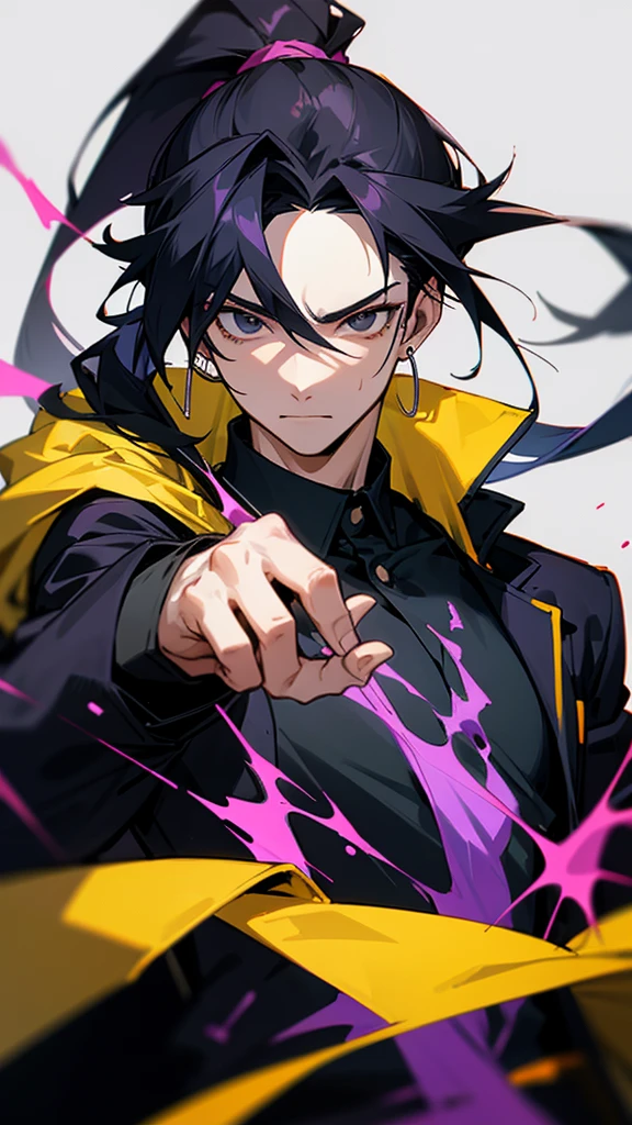 Male character with black hair with a half ponytail and a black eyes u. Black collar, black shirt, anime style, manga style and long hair that is from an anime drawing. With a black shirt with yellow earrings and a yellow jacket and with blood, a lot of blood on his face, a jacket without long sleeves. That he has a purple aura all over his body and his blue hands.