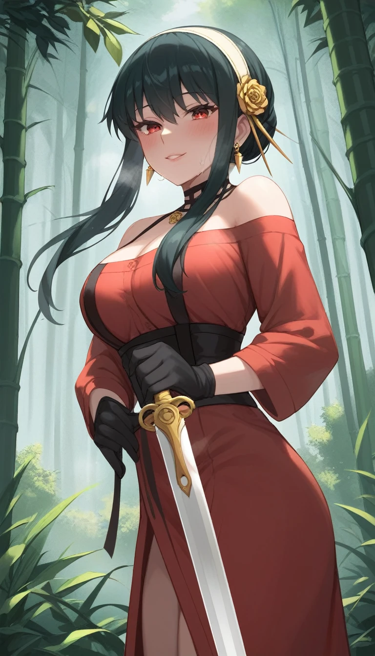 score_9, score_8_up, score_7_up, score_6_up, uncensored, Yor Briar, black hair, earrings, white hairband, hairband, long hair, sidelocks, red eyes, naughty face, shiny skin, sweating, steaming body, heavy breathing, BREAK (masterpiece:1.2), best quality, high resolution, unity 8k wallpaper, (illustration:0.8), (detailed eyes:1.3), extremely detailed face, perfect lighting, extremely detailed CG, (perfect hands, perfect anatomy), BREAK 1girl, sword, solo, forest, gloves, nature, holding, bamboo_forest, japanese_clothes, sheath, holding sword,
