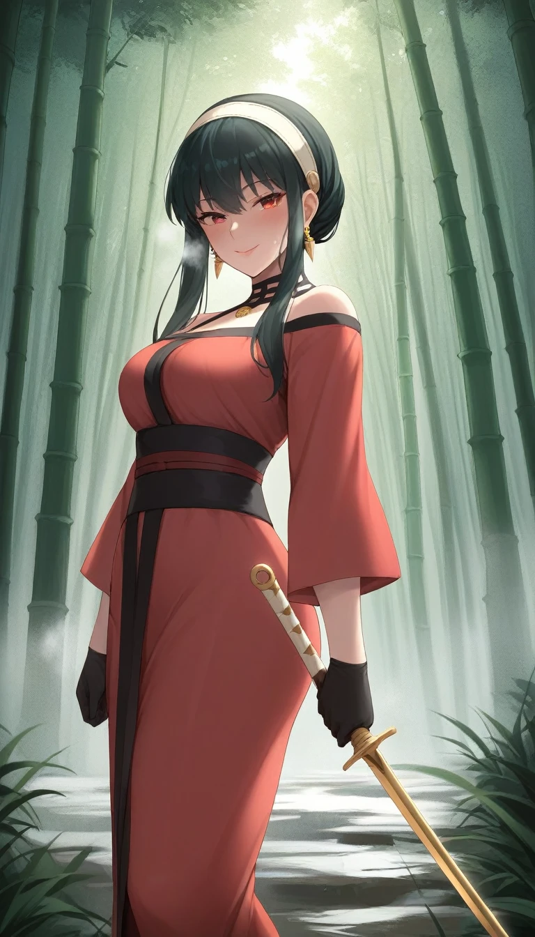 score_9, score_8_up, score_7_up, score_6_up, uncensored, Yor Briar, black hair, earrings, white hairband, hairband, long hair, sidelocks, red eyes, naughty face, shiny skin, sweating, steaming body, heavy breathing, BREAK (masterpiece:1.2), best quality, high resolution, unity 8k wallpaper, (illustration:0.8), (detailed eyes:1.3), extremely detailed face, perfect lighting, extremely detailed CG, (perfect hands, perfect anatomy), BREAK 1girl, sword, solo, forest, gloves, nature, holding, bamboo_forest, japanese_clothes, sheath, holding sword,